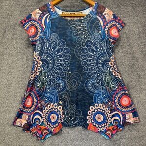 Amma Design Tunic Womens S Mandala Print Sharkbite Hem Top Blue Orange USA Made